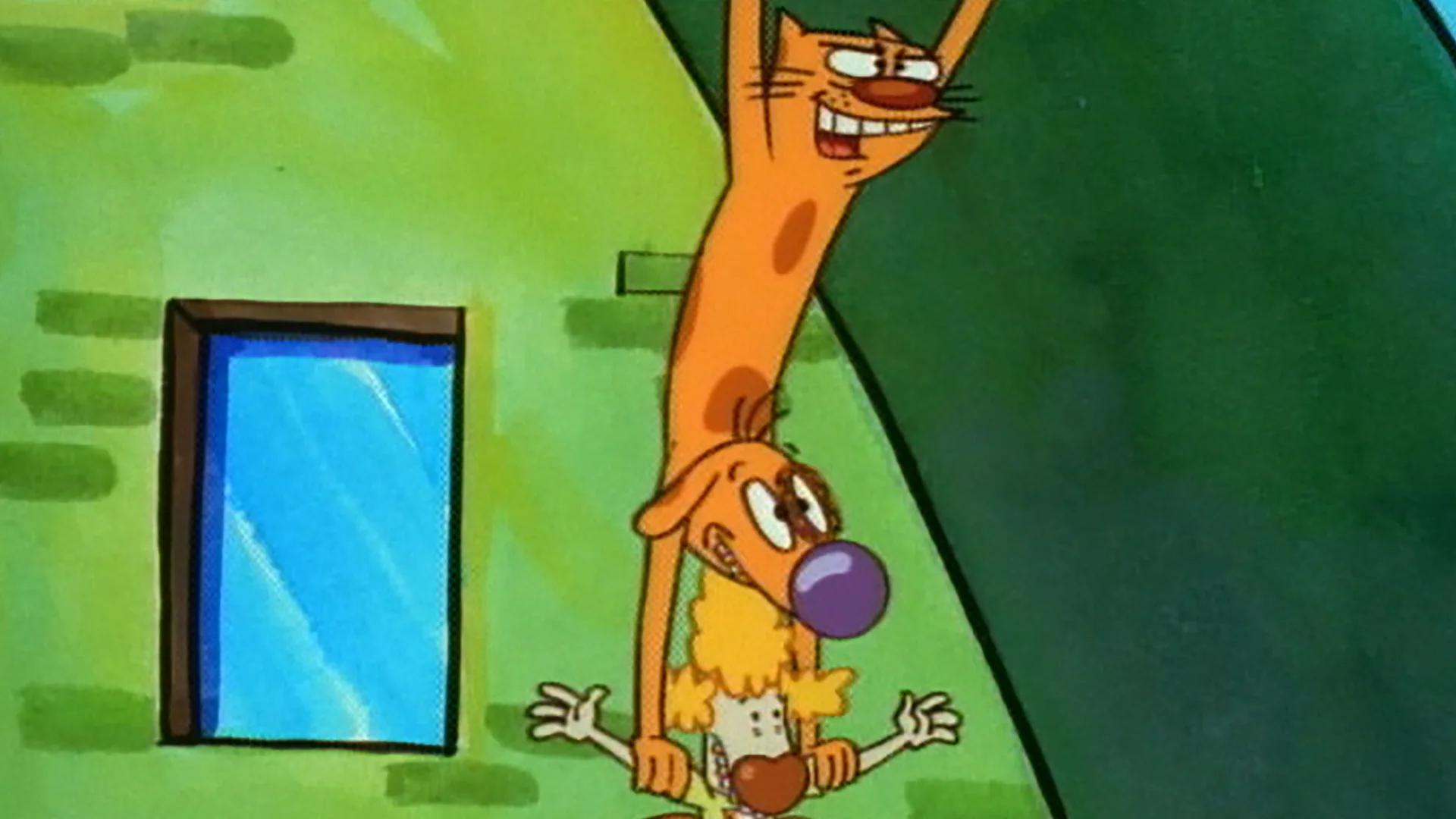 CatDog stretching upward in a cartoon scene